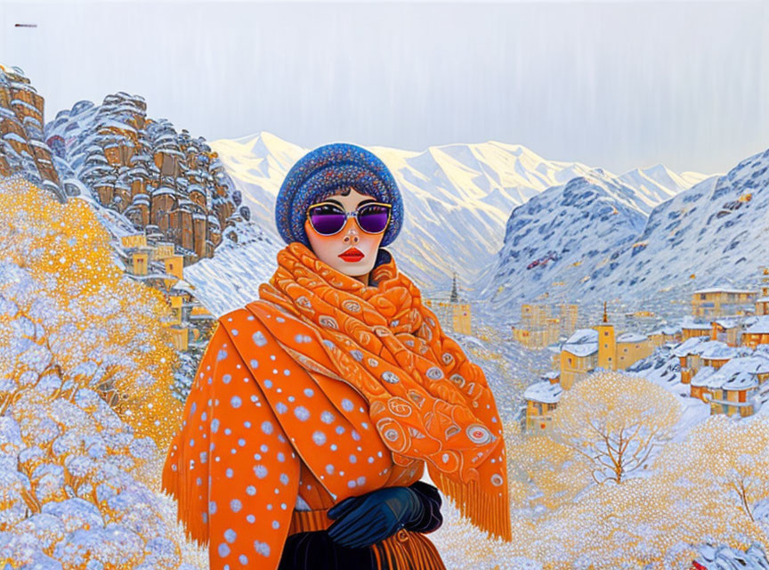 Illustrated woman in sunglasses and headscarf with orange scarf in snowy mountain village.