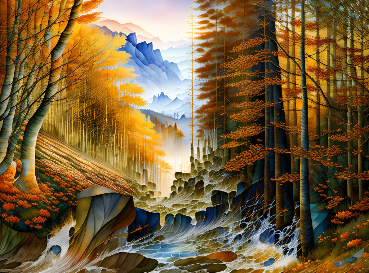 Autumnal forest with golden trees, river, misty mountains under dynamic sky