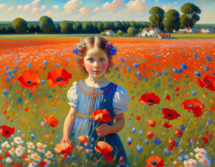 Young girl in red poppy field with blue skies and distant houses