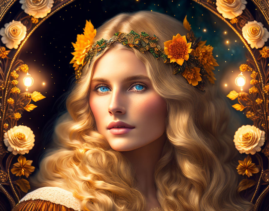 Portrait of woman with blue eyes and blonde hair in floral headpiece surrounded by golden flowers and lights