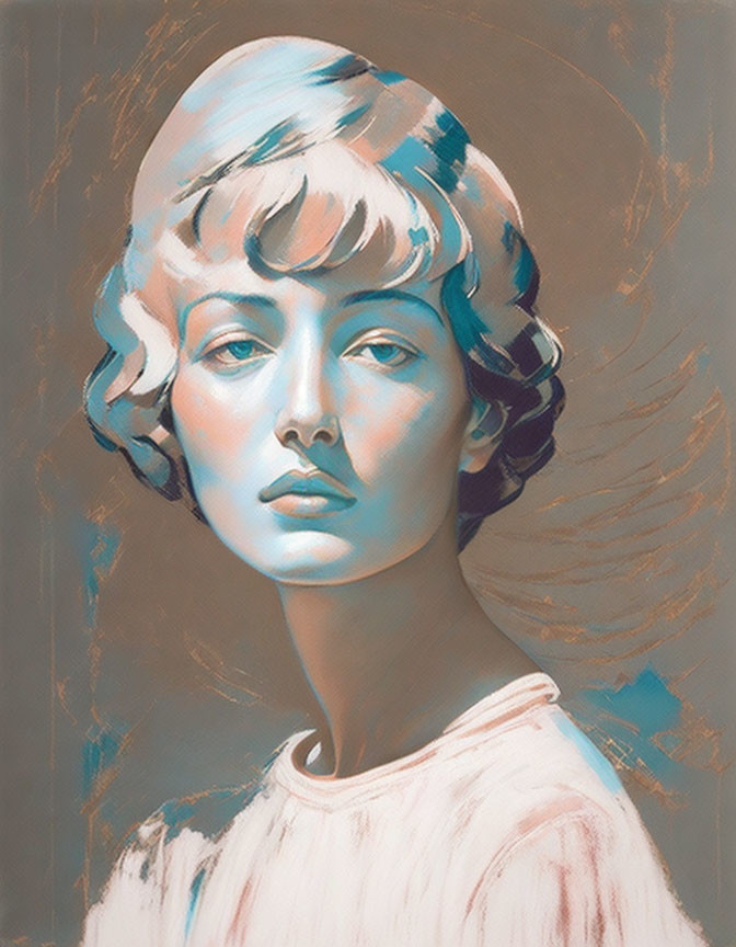 Stylized portrait of woman with short curly hair in blue tones on warm brown background