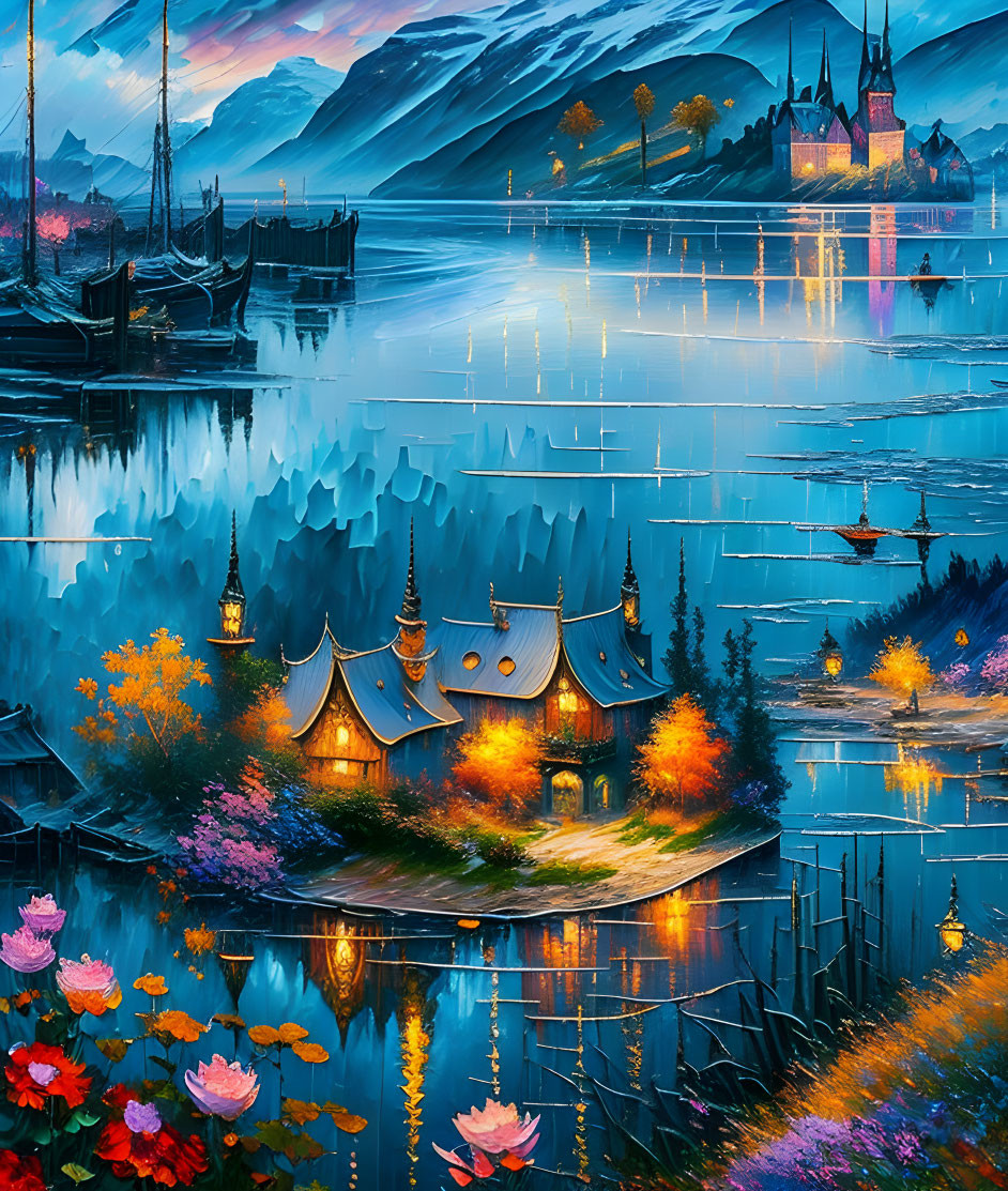 Fantasy landscape painting with mirrored water environments and whimsical structures