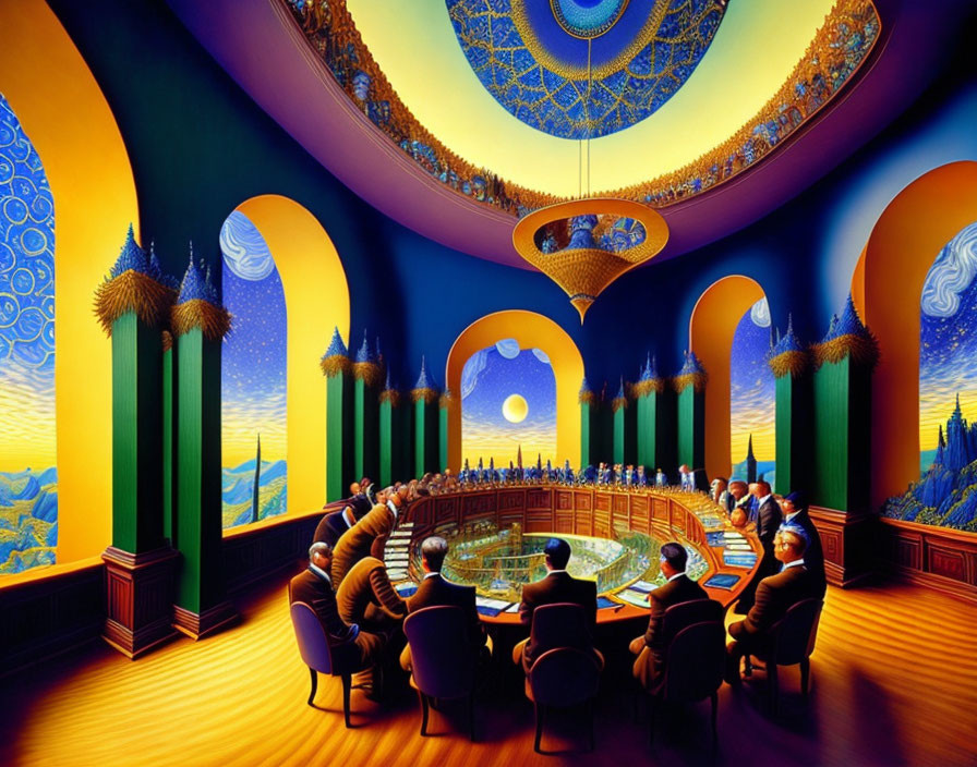 Surreal Artwork: People at Round Table in Opulent Circular Room