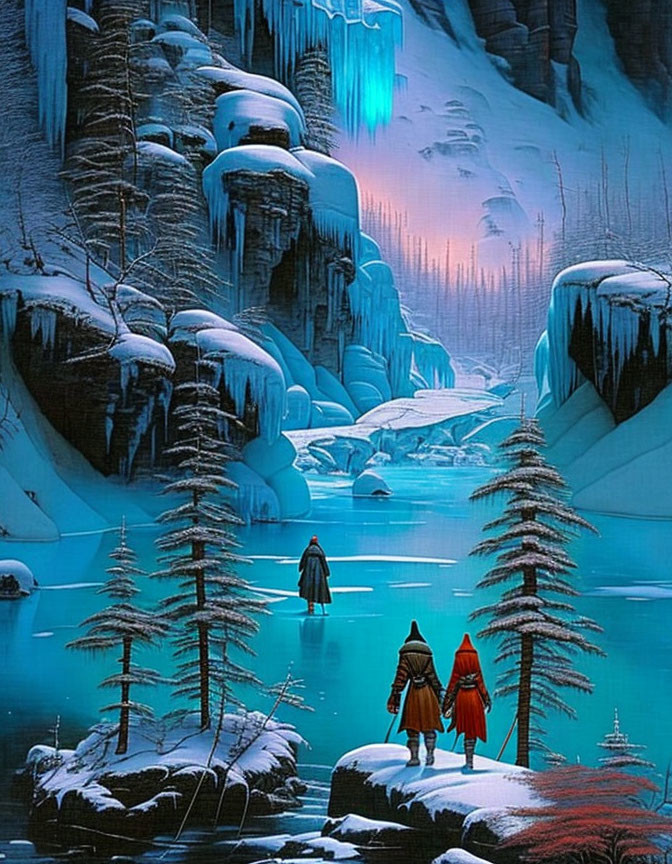 Winter landscape with cloaked figures by frozen river & snow-covered trees.