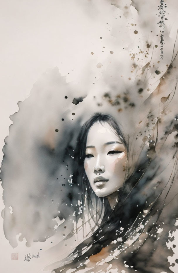 Monochromatic watercolor blending woman's face with abstract splashes