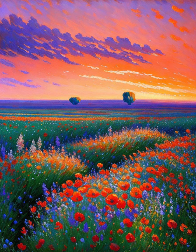 Colorful painting: Flower field, sunset sky, trees horizon