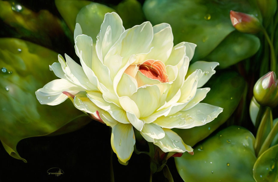 Detailed painting of blooming white lotus with dew drops, surrounded by lily pads and closed buds