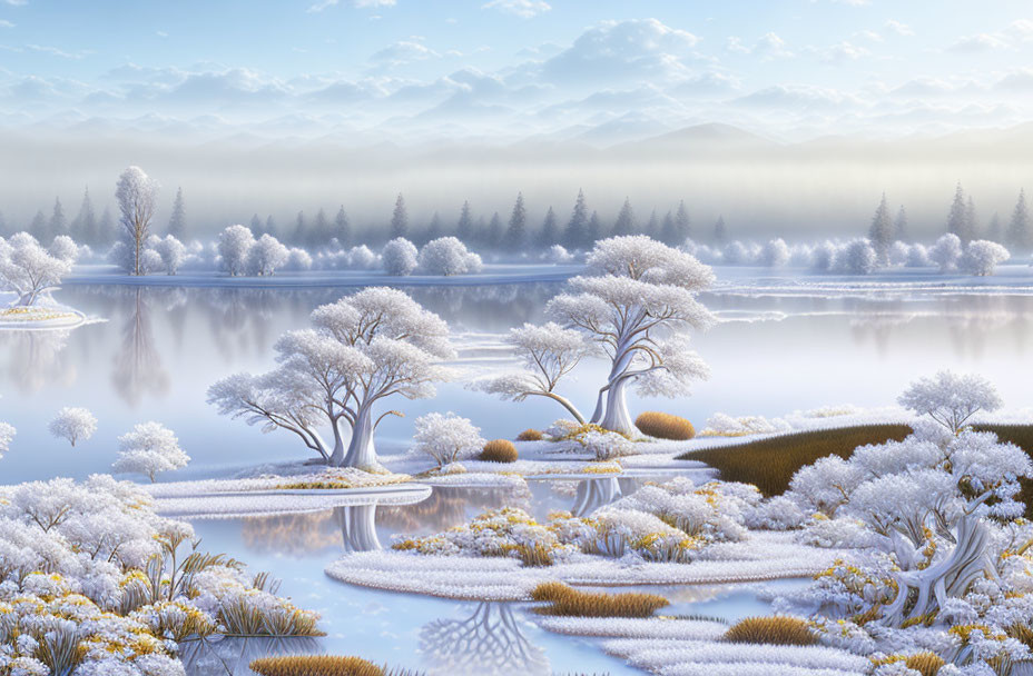 Snow-covered trees, calm lake, misty mountains: serene winter landscape