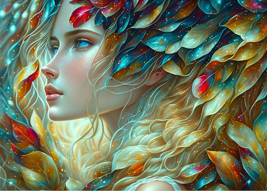 Fantastical portrait of a woman with multicolored leaves and petals.