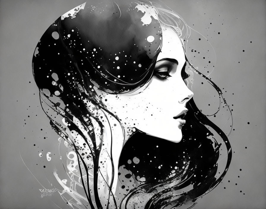 Monochromatic profile artwork with cosmic theme and abstract splashes