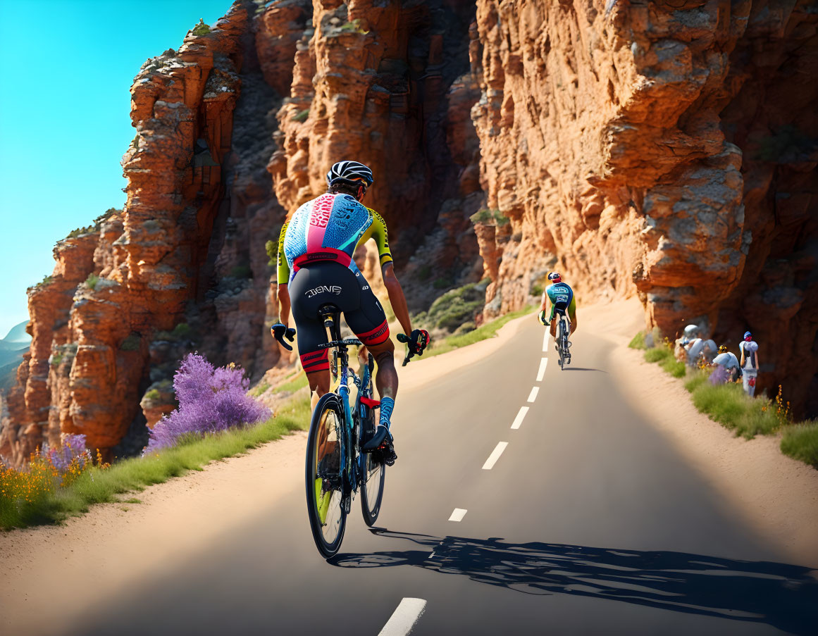 Colorful Outfit Cyclist Leads Group on Road Amid Red Cliffs