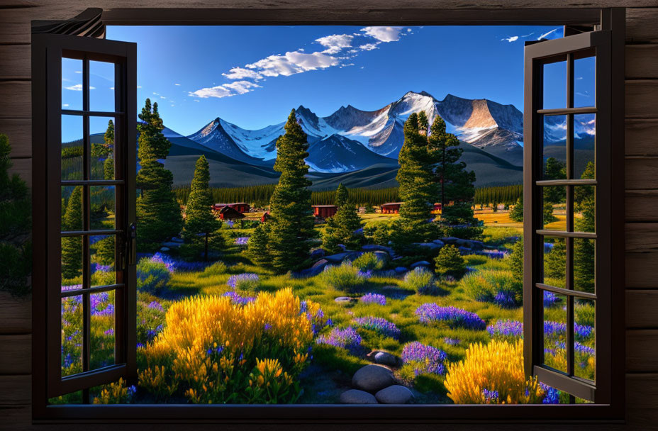 Mountain landscape with flower meadows: Vibrant purples and yellows at dusk