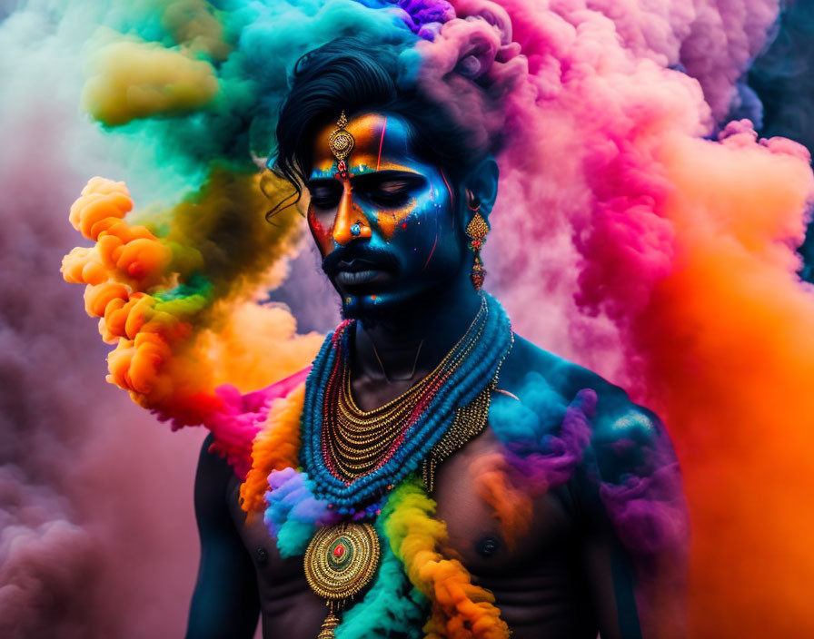 Vibrant body paint and jewelry in multicolored smoke