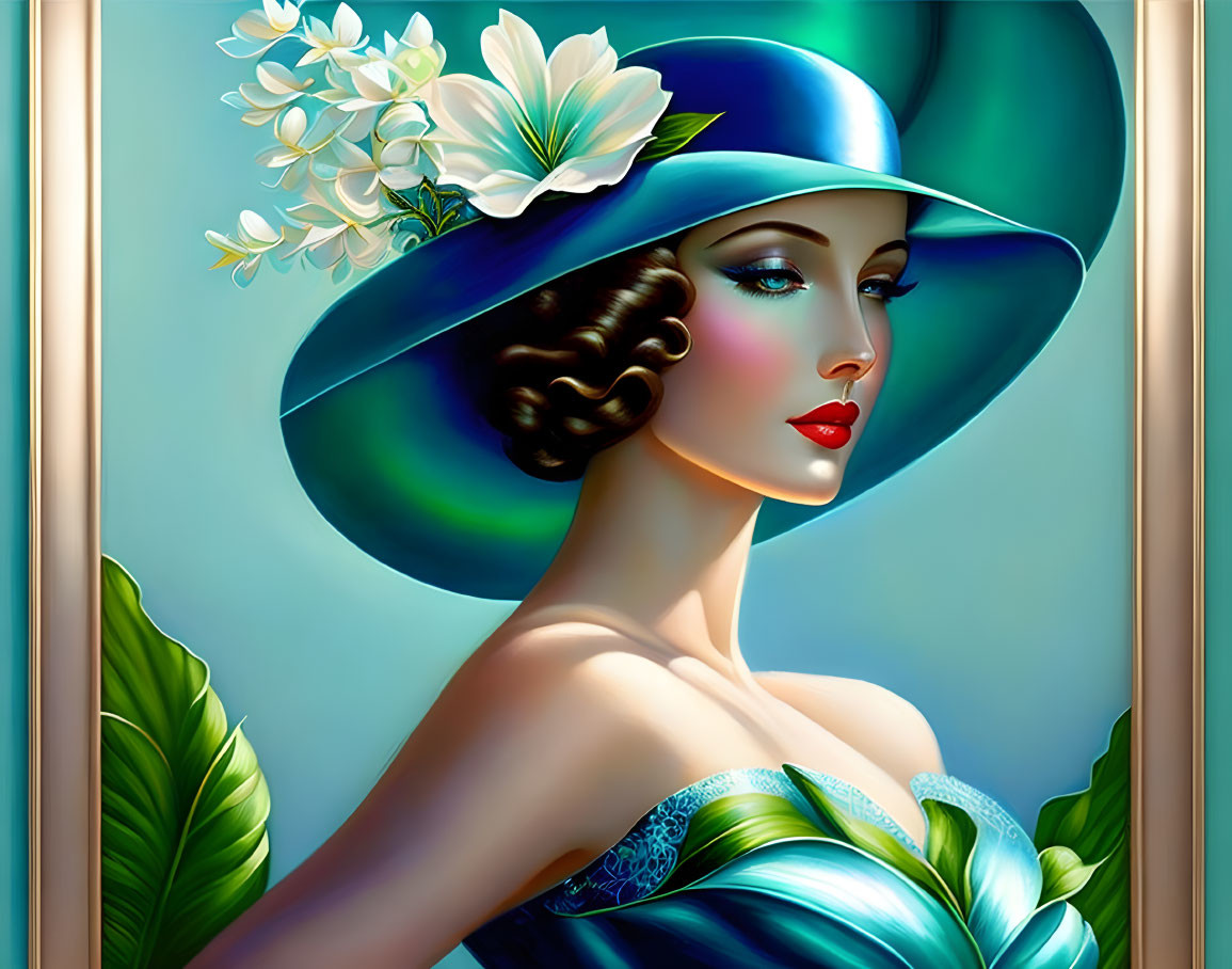 Woman with Elegant Makeup and Blue Hat Illustration on Soft Blue Background