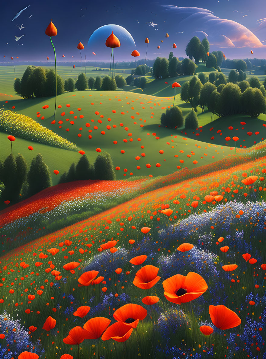 Colorful surreal landscape with rolling hills, poppies, blue flowers, and mushroom-shaped trees.