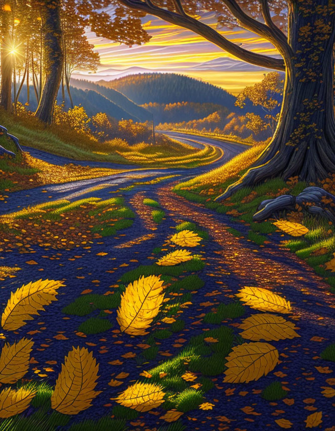 Golden leaves cover winding path under sunset light in serene landscape