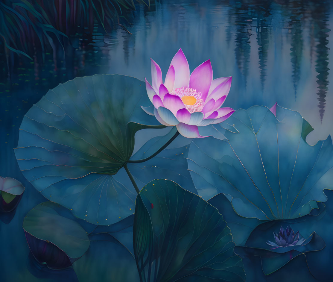 Pink Lotus Flower in Full Bloom with Green Leaves on Blue Water Background