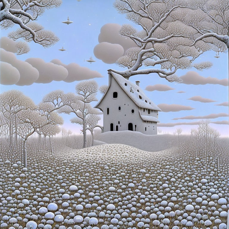 Snowy Winter Landscape with Birds Flying Over House