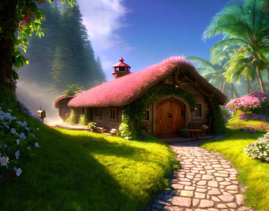 Pink flower-covered fairy-tale cottage in lush forest