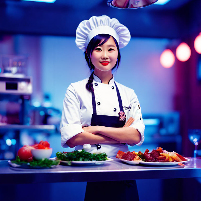 Smiling female chef in white hat and coat in kitchen with plates of food