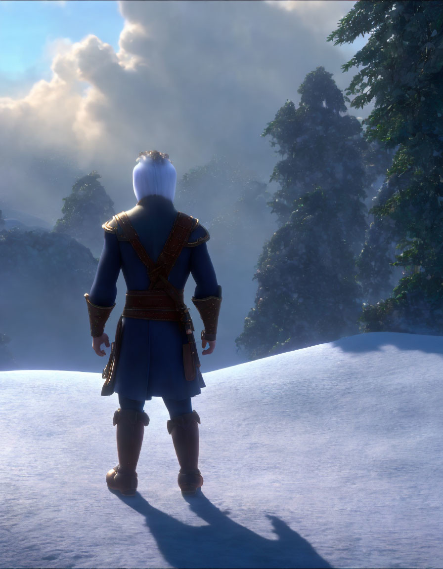 White-Haired Character in Blue Attire in Snowy Landscape