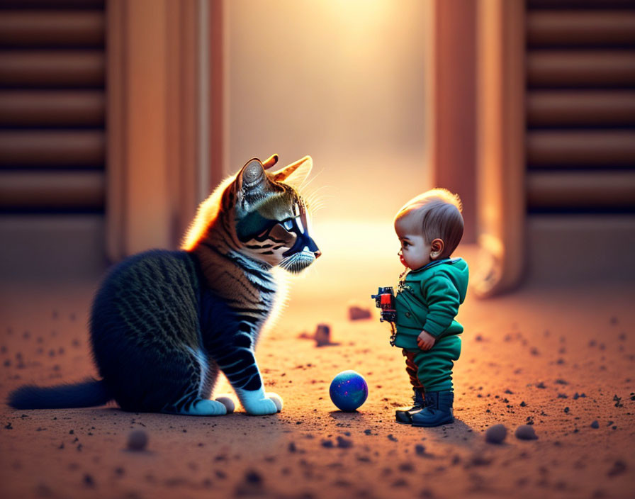 Toy-sized child with toy gun faces cat in superhero mask under glowing orb