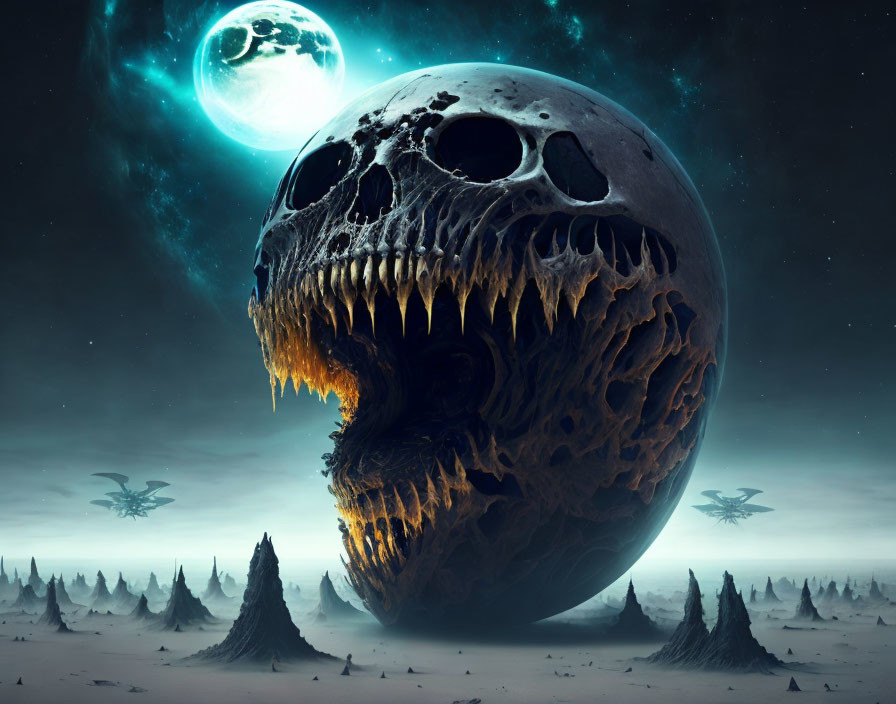 Skull-shaped asteroid over dark landscape with flying ships