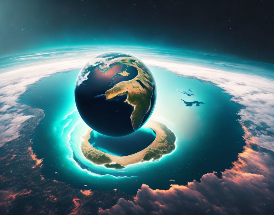 Surreal image of Earth above clouds with glowing core