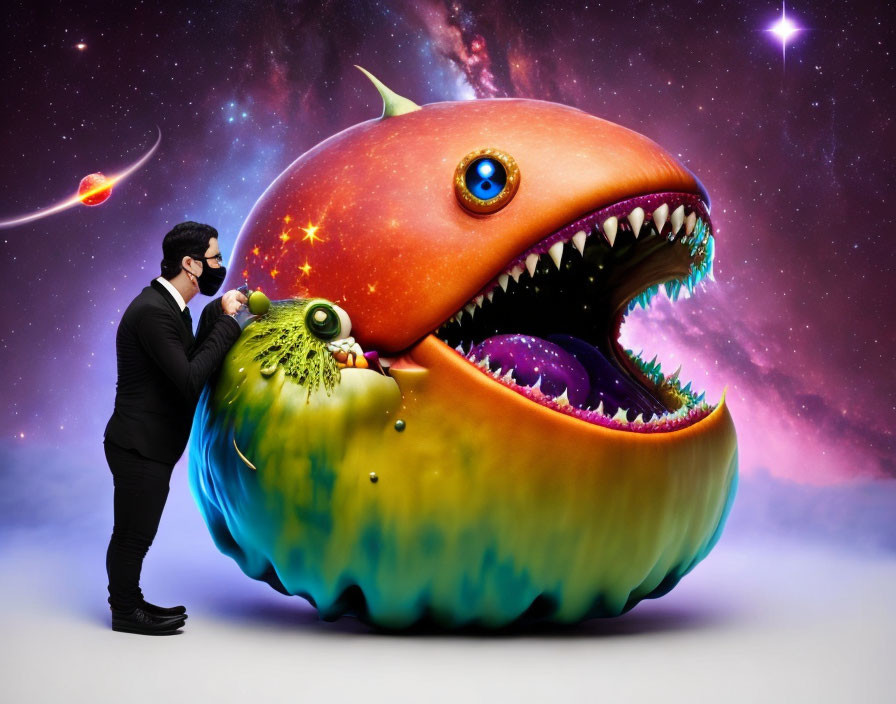 Colorful monster with sharp teeth pushed by person in black suit against space-themed background