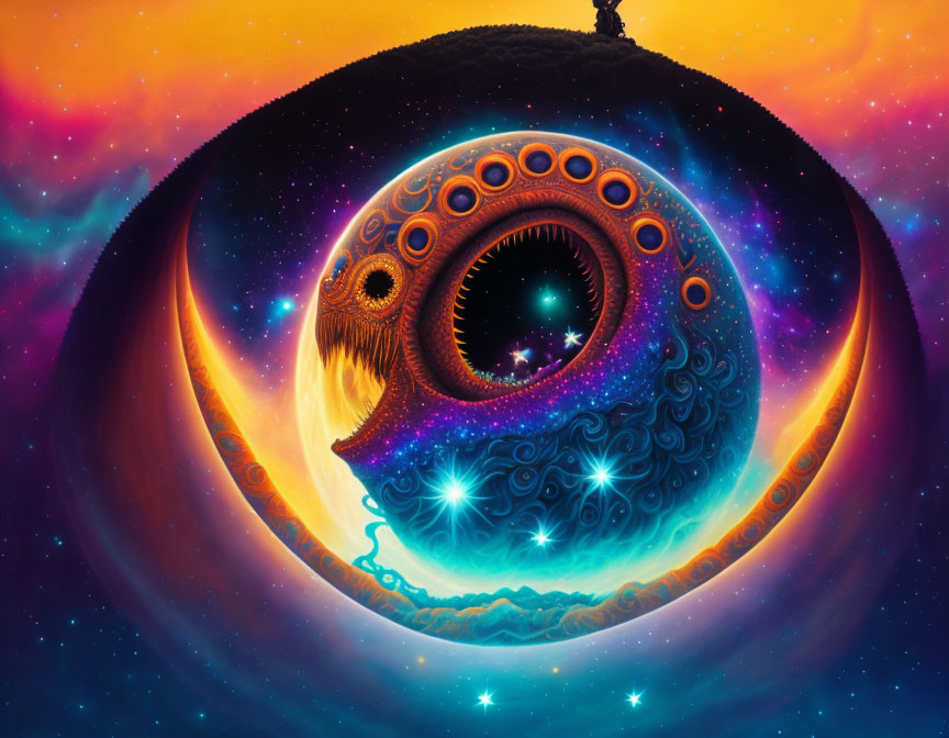 Surreal eye-shaped universe with stars and nebulae on cosmic landscape