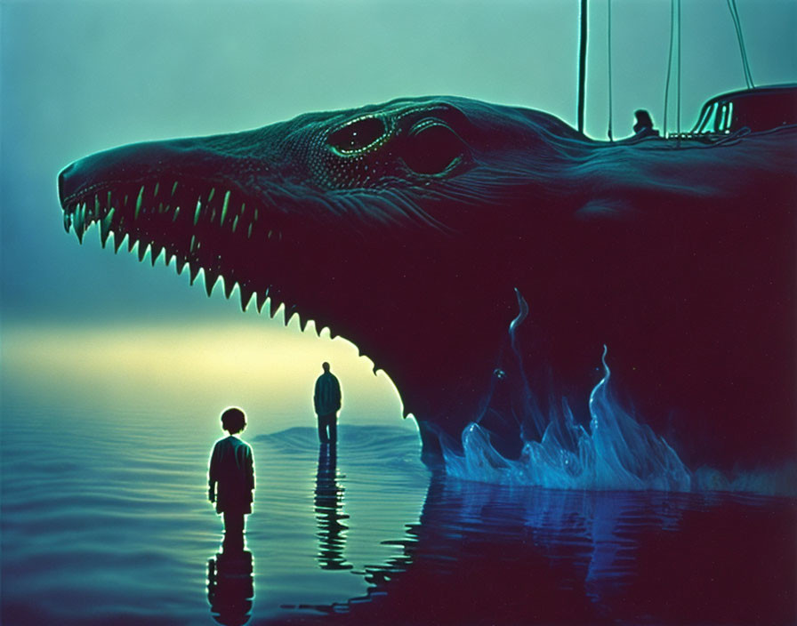 Giant surreal dinosaur head in misty water with boy and silhouettes