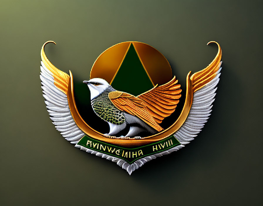 Stylized emblem of bird, crescent, and olive branch on green backdrop