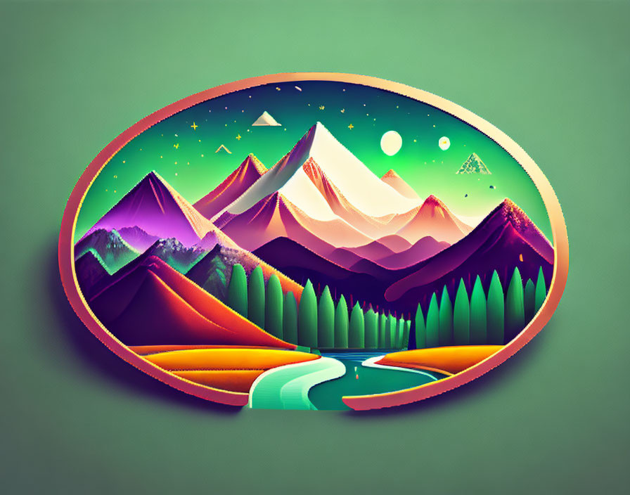 Colorful mountain landscape with river, trees, and starry sky in oval frame