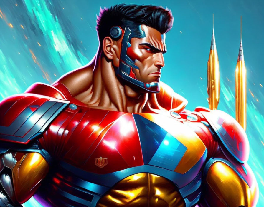 Futuristic superhero in red and blue armor on cosmic backdrop