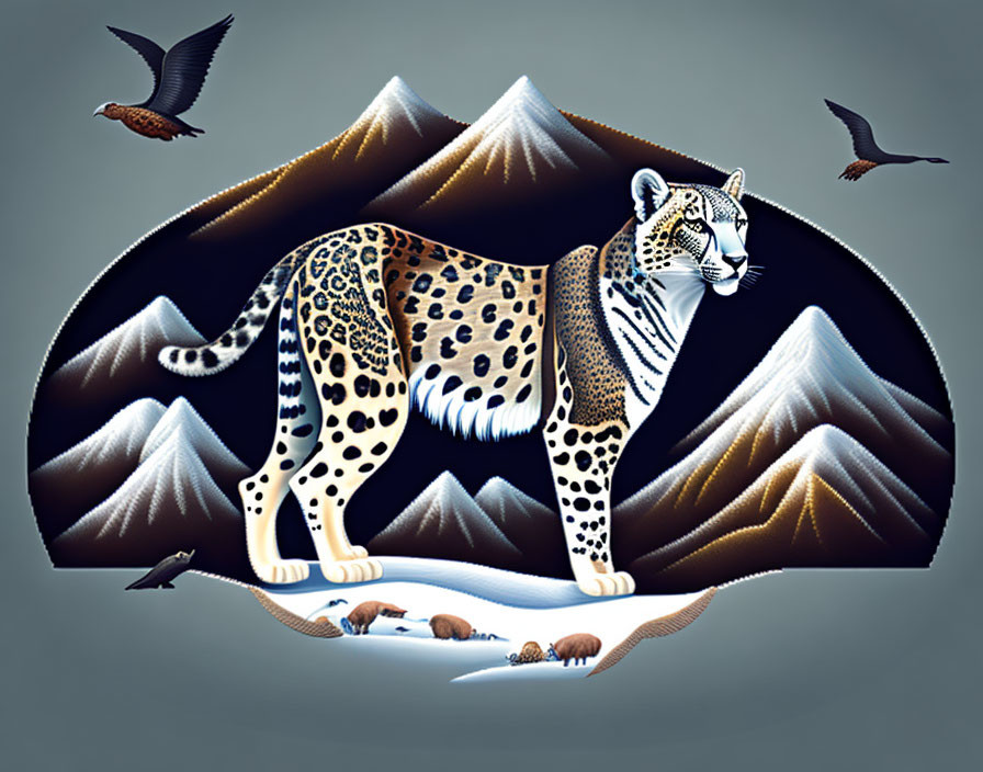 Stylized snow leopard in snowy mountain scene with birds and mammals