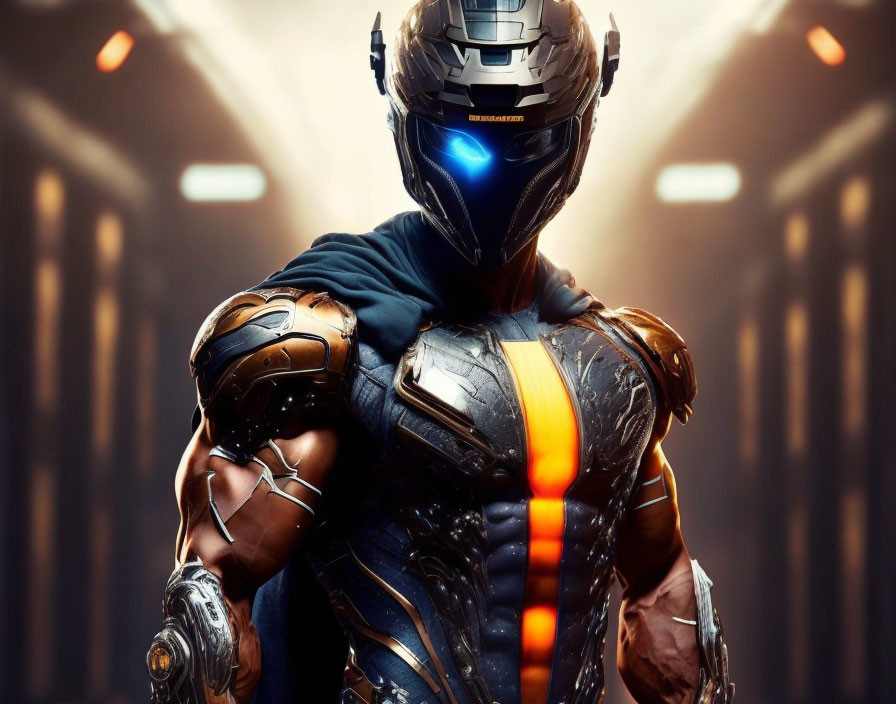 Futuristic armored person with glowing blue visor in corridor