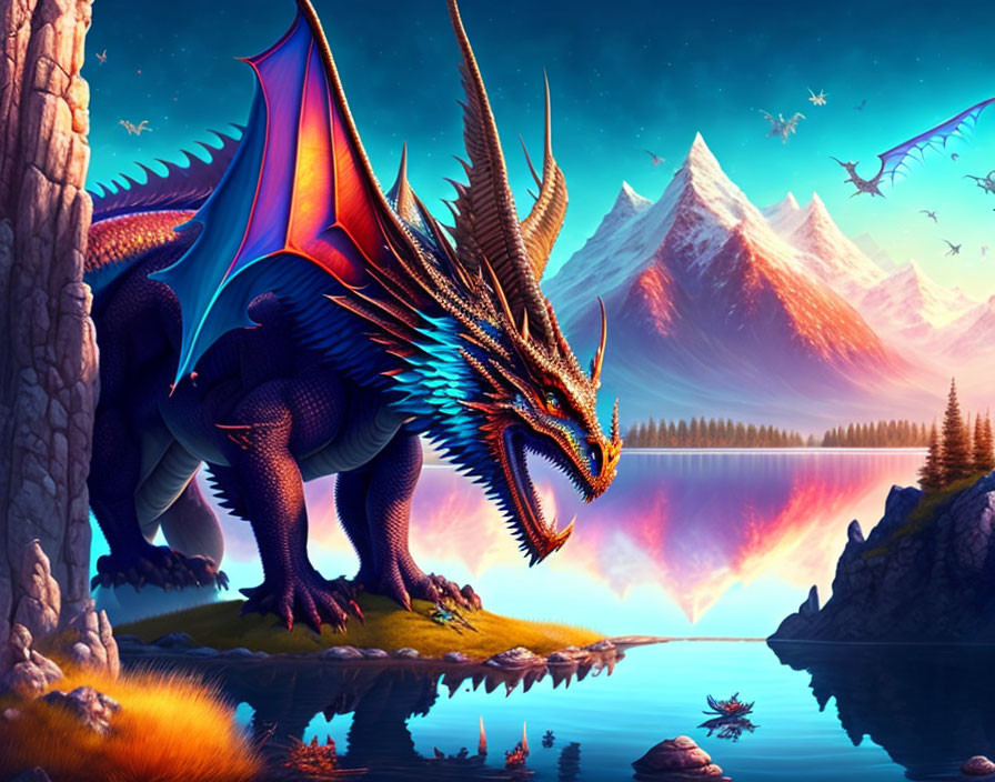 Majestic dragon with blue and orange wings near tranquil lake