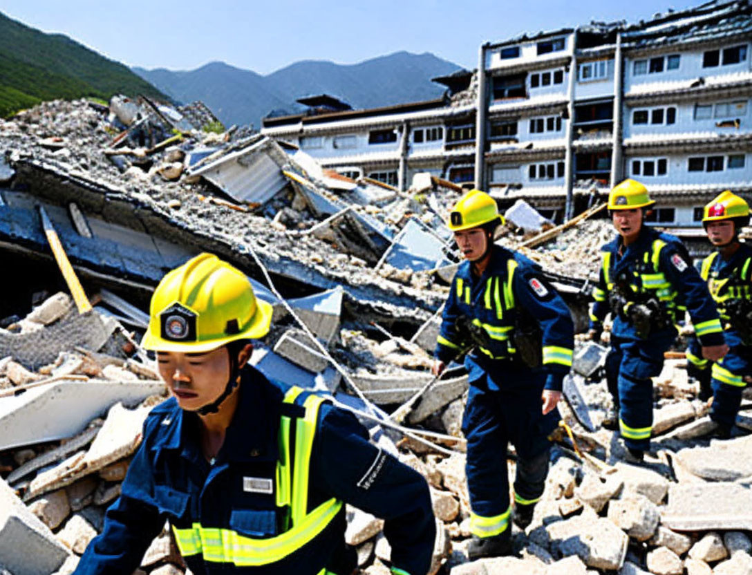 Firefighters amidst rubble after building collapse with damaged structures in background