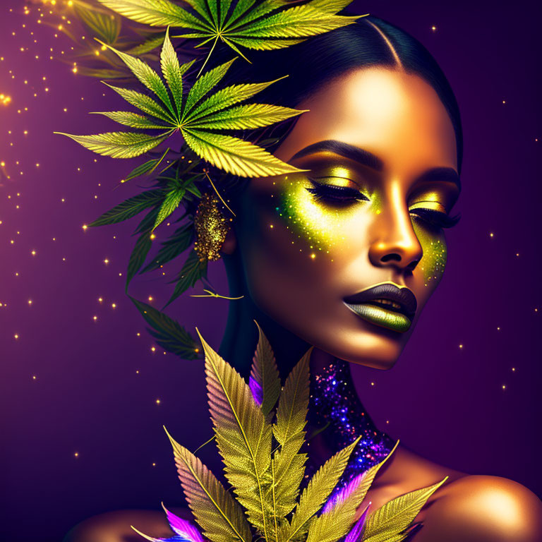 Digital Art: Woman with Green Makeup and Cannabis Leaves on Purple Background