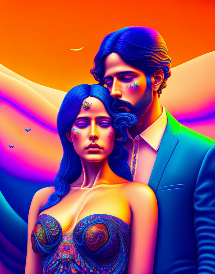 Colorful surreal digital artwork of man and woman in elaborate attire with mountains and moon