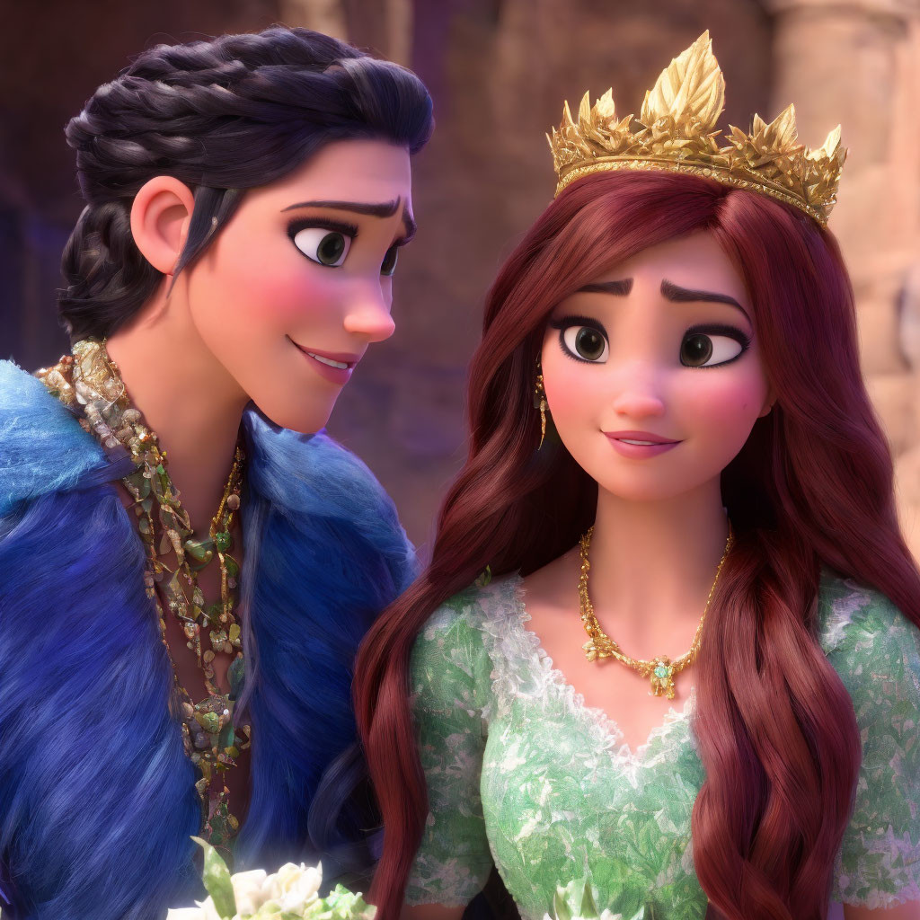 Royal attired male and female animated characters sharing a tender gaze.