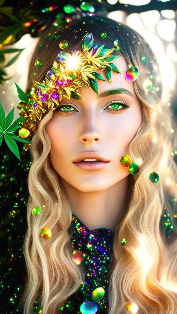 Blonde woman with golden leaf tiara and green ornaments in nature