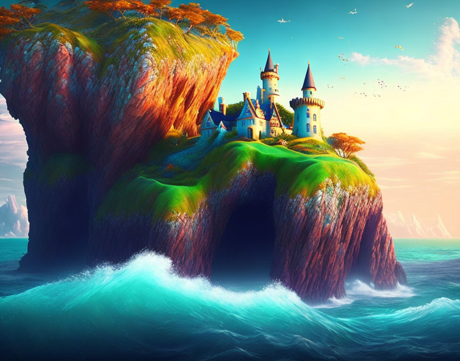 Fantasy landscape with castle on lush cliffs above turquoise sea