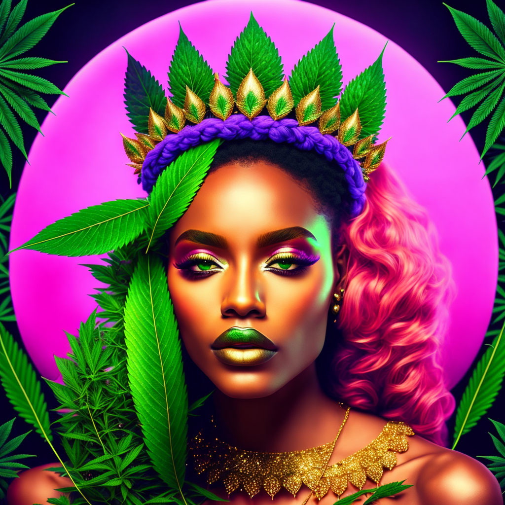 Vibrant digital portrait of woman with cannabis leaf headdress on pink and purple background