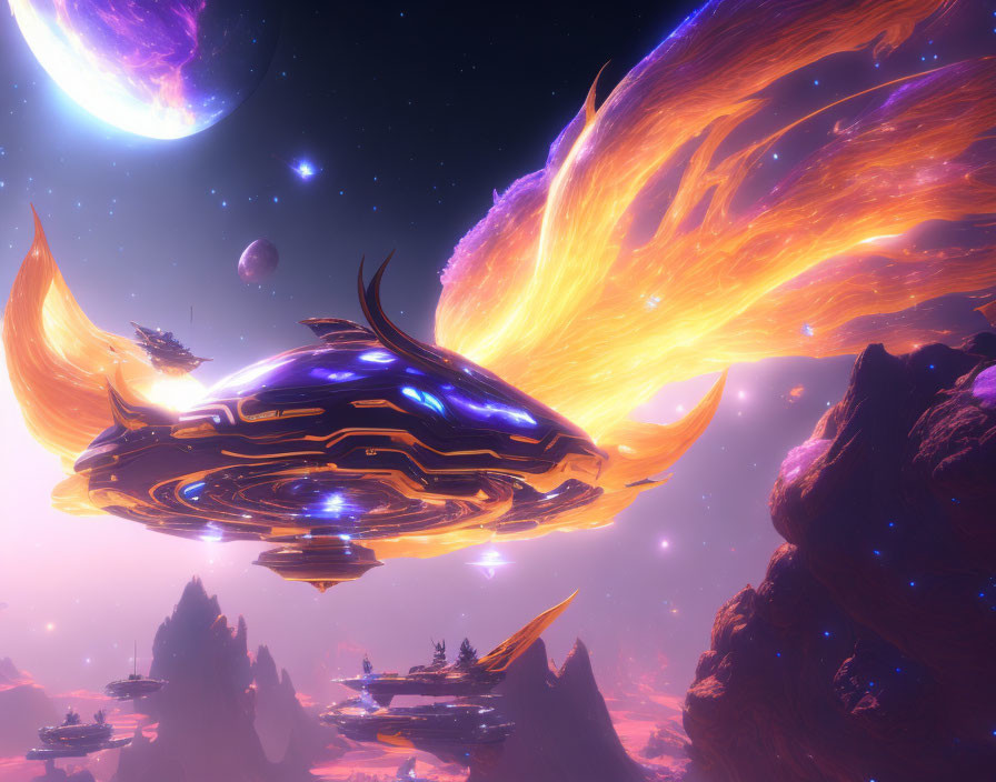 Futuristic spaceship with fiery trails in vibrant alien landscape