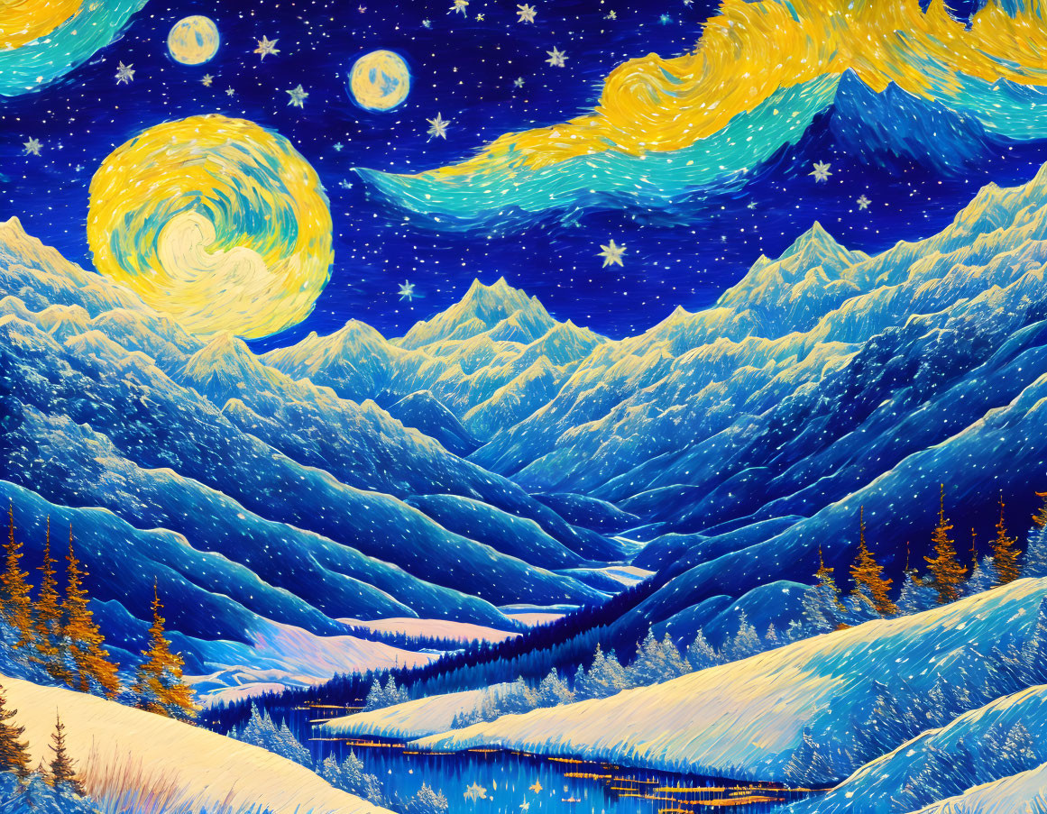 Vivid Starry Night Painting: Snowy Mountain Landscape