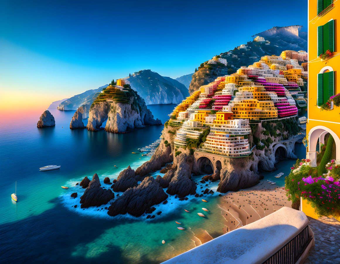 Colorful Coastal Scene: Layered Buildings, Cliffs, Sandy Beach & Blue Sea at Sunset