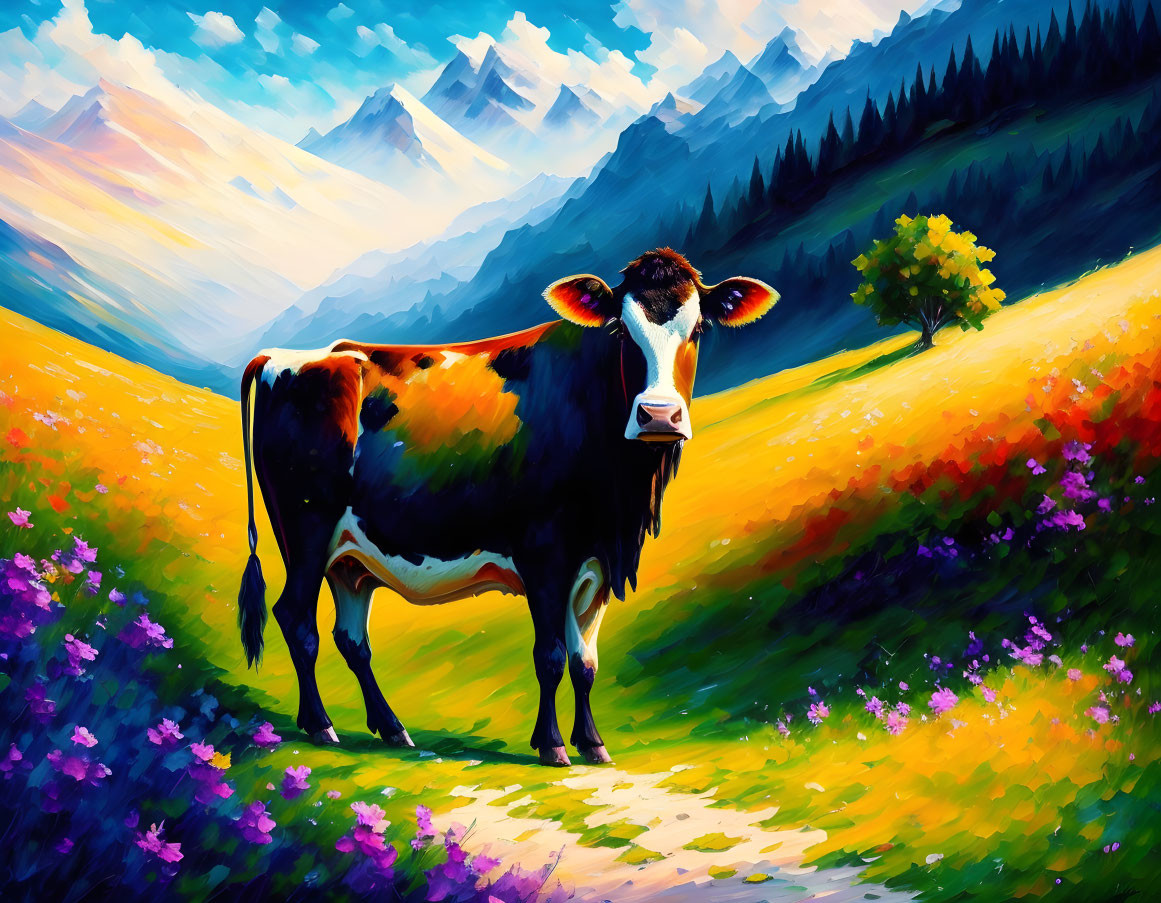 Colorful painting: Cow in meadow with purple flowers, bright sky, mountain peaks