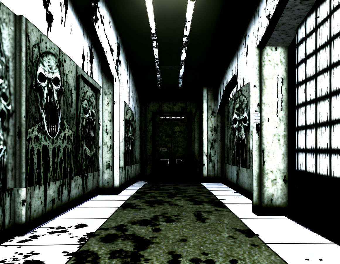 Spooky corridor with checkered floor, moldy walls, and skull paintings