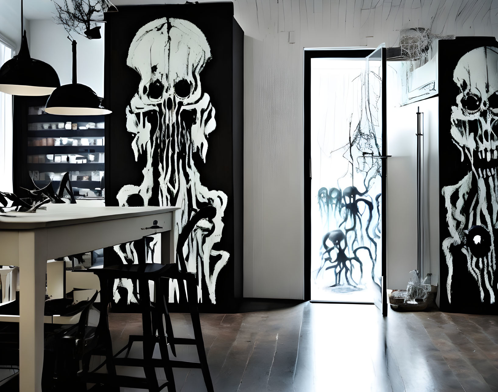 Modern Room with Black and White Decor and Artistic Skull Motifs